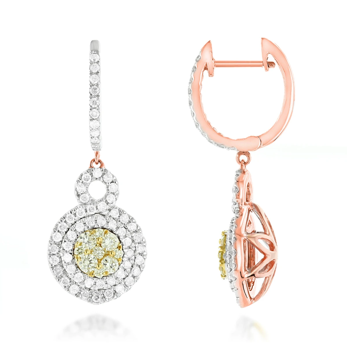 14K White Gold White Yellow Diamond Cluster Fashion Ladies Drop Earrings 1.45ct 5 14K White Gold White Yellow Diamond Cluster Fashion Ladies Drop Earrings 1.45ct - Image 3