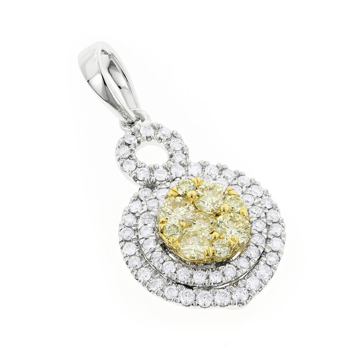 14K White Gold White Yellow Diamond Round Pendant For Women 1.15ct 3 14K White Gold White Yellow Diamond Round Pendant For Women 1.15ct