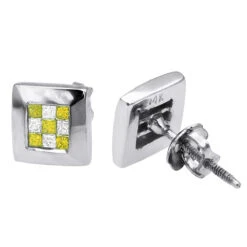 Unique 14K White Gold White Yellow Princess Cut Diamond Earrings Studs .5