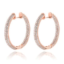 14K Rose Gold Large Inside Out Diamond Hoop Earrings 6ct