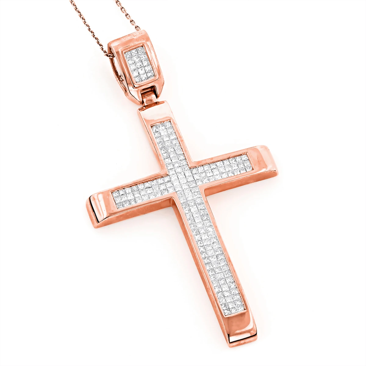 Men's 14K Rose Gold Invisible Set Princess Cut Diamond Cross Pendant 3.69ct 3 Men's 14K Rose Gold Invisible Set Princess Cut Diamond Cross Pendant 3.69ct