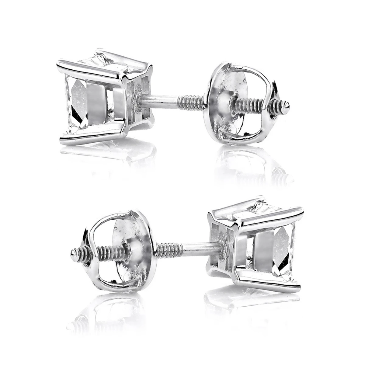 14K White Gold Diamond Stud Earrings Princess 1.50ct 6 14K White Gold Diamond Stud Earrings Princess 1.50ct - Image 4