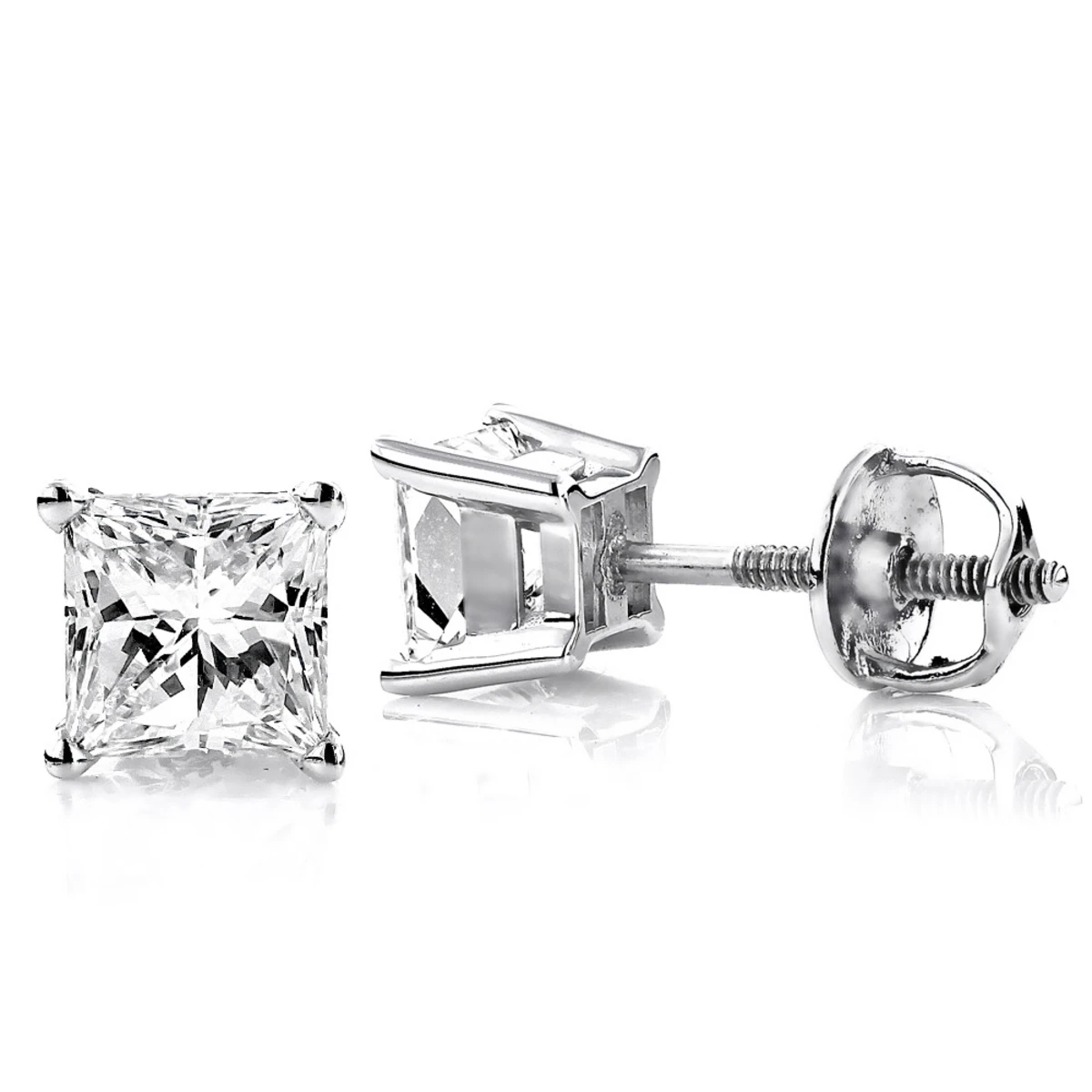14K White Gold Diamond Stud Earrings Princess 1.50ct 3 14K White Gold Diamond Stud Earrings Princess 1.50ct