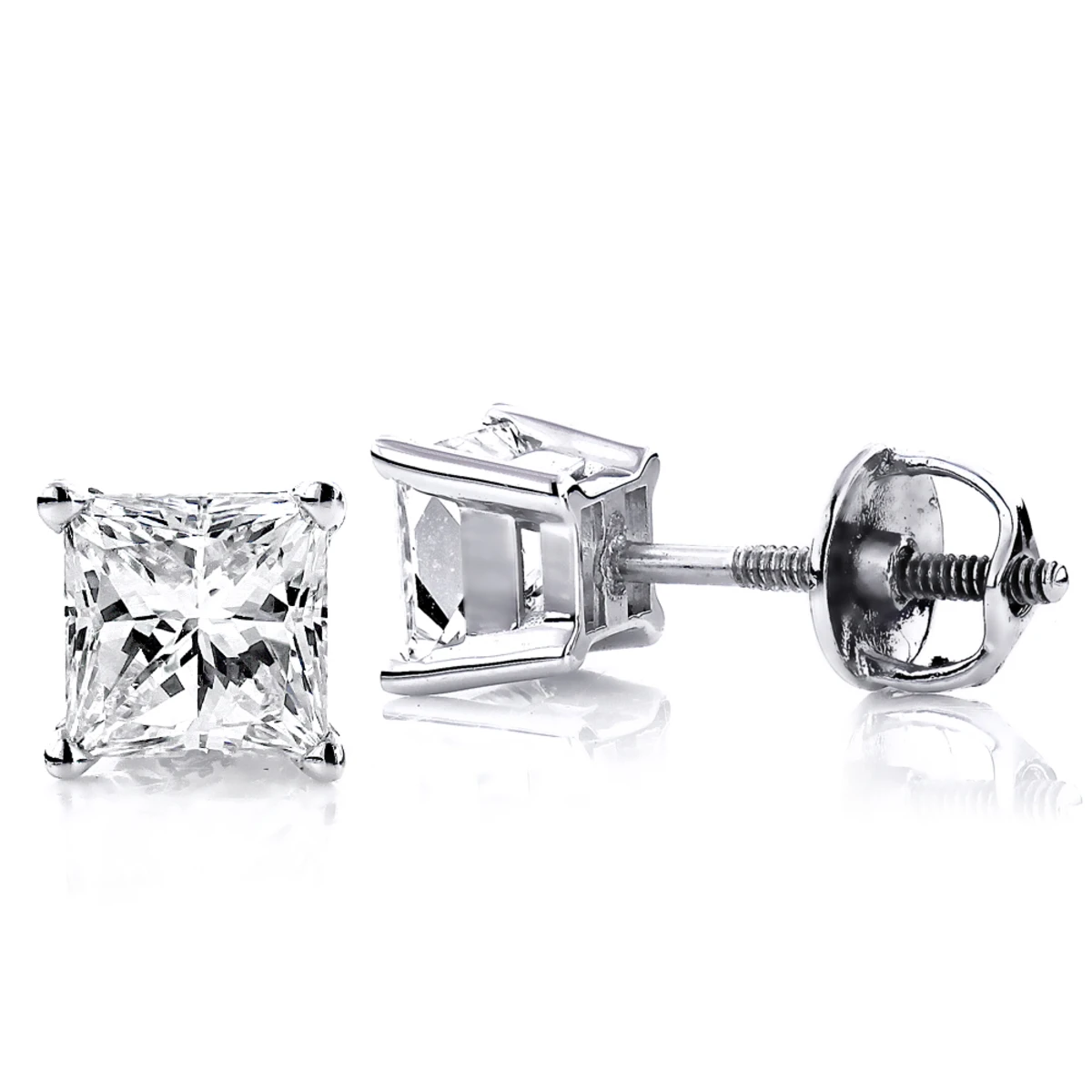 14K White Gold Princess-Cut Diamond Stud Earrings 1.5ct 3 14K White Gold Princess-Cut Diamond Stud Earrings 1.5ct