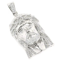 14K White Gold Round Diamond Jesus Head Pendant For Men 1.8ct