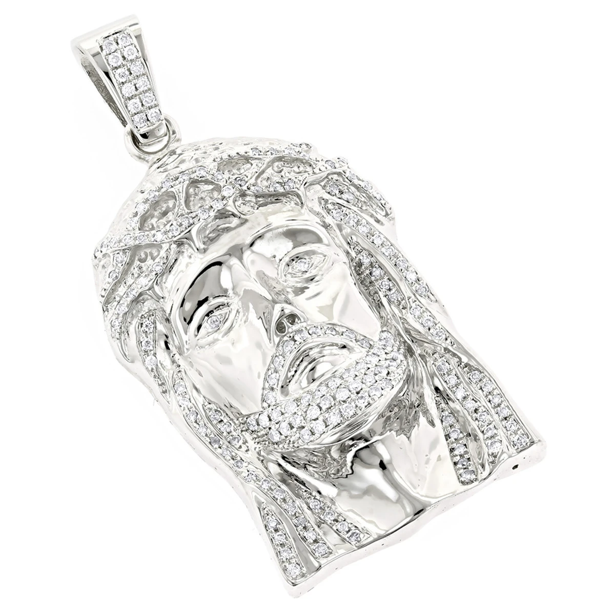 14K White Gold Round Diamond Jesus Head Pendant For Men 1.8ct 3 14K White Gold Round Diamond Jesus Head Pendant For Men 1.8ct