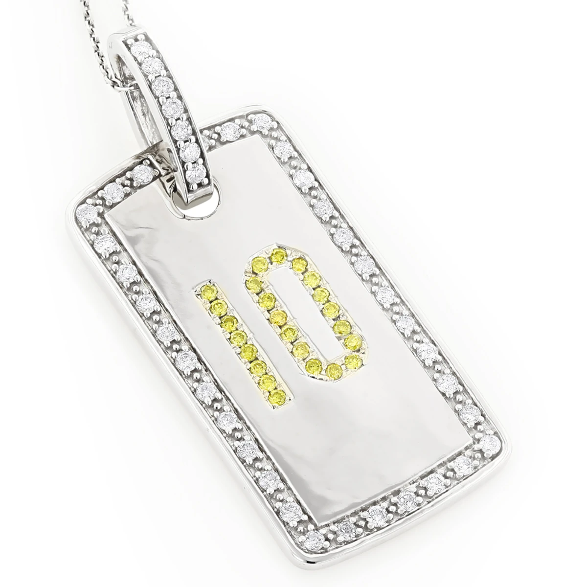 14K White Gold White Yellow Diamond Number 10 Dog Tag Pendant 1.60 3 14K White Gold White Yellow Diamond Number 10 Dog Tag Pendant 1.60