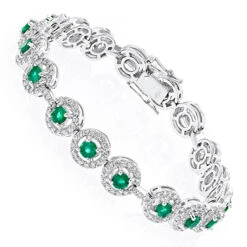 Women's 18K White Gold Diamond And Emerald Bracelet 2.52dtw 3.56stw