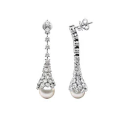 18K White Gold Diamond And Pearl Drop Earrings For Women 4.5 Carats F VS Diamonds