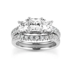 18K White Gold Diamond Three Stone Engagement Ring Set 1.27ct
