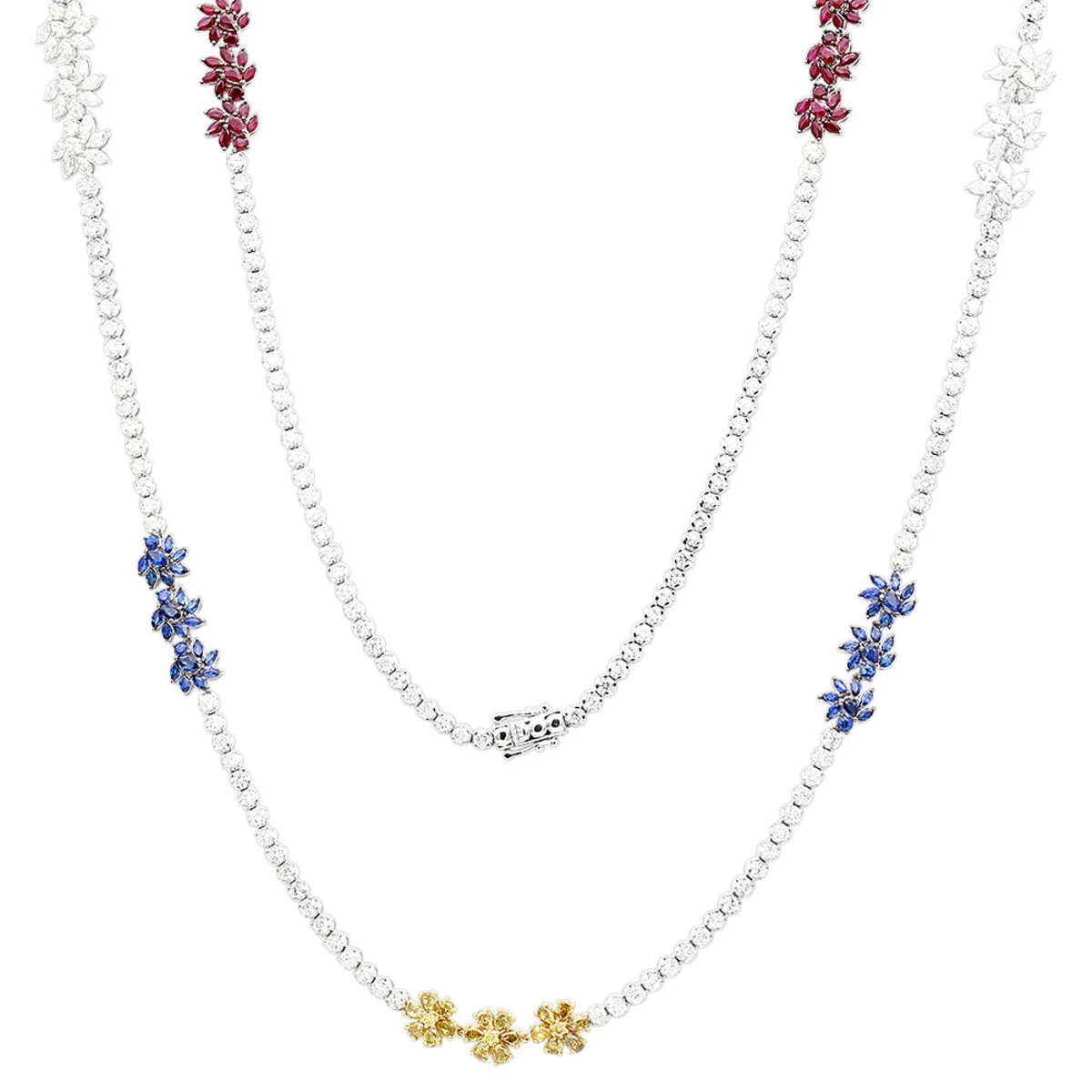 18K White Gold Ruby & Sapphire White Yellow Diamond Flower Necklace For Women 33c 4 18K White Gold Ruby & Sapphire White Yellow Diamond Flower Necklace For Women 33c - Image 2