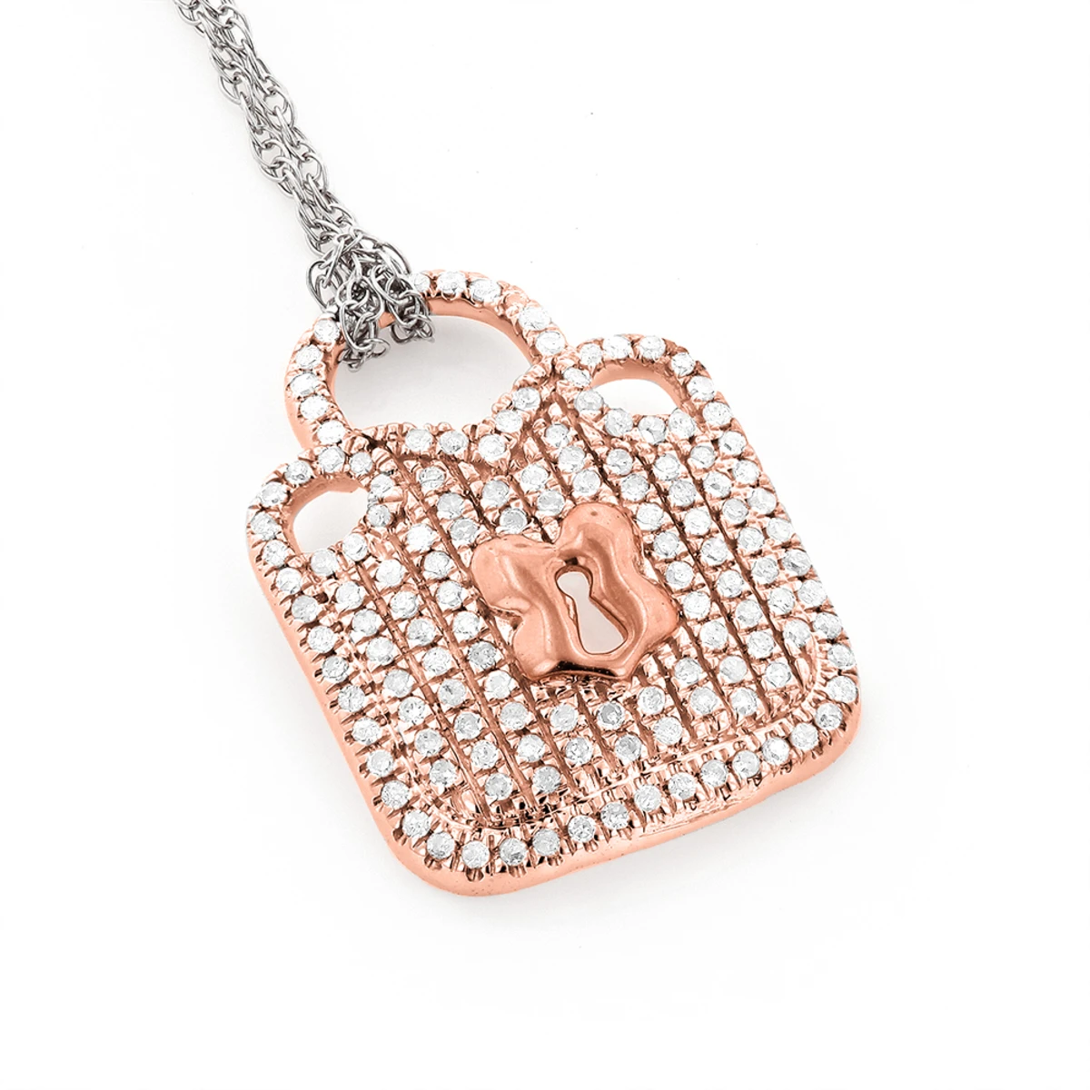 Real White & 10K White/Rose Gold Ladies Diamond Lock Pendant Necklace 0.3ct 5 Real White & 10K White/Rose Gold Ladies Diamond Lock Pendant Necklace 0.3ct - Image 3