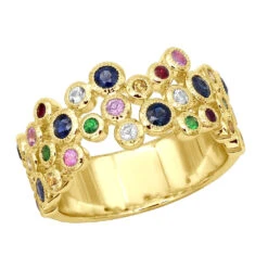 14K Yellow Gold Gemstone Cocktail Ring For Women With Sapphires Rubies Tsavorites