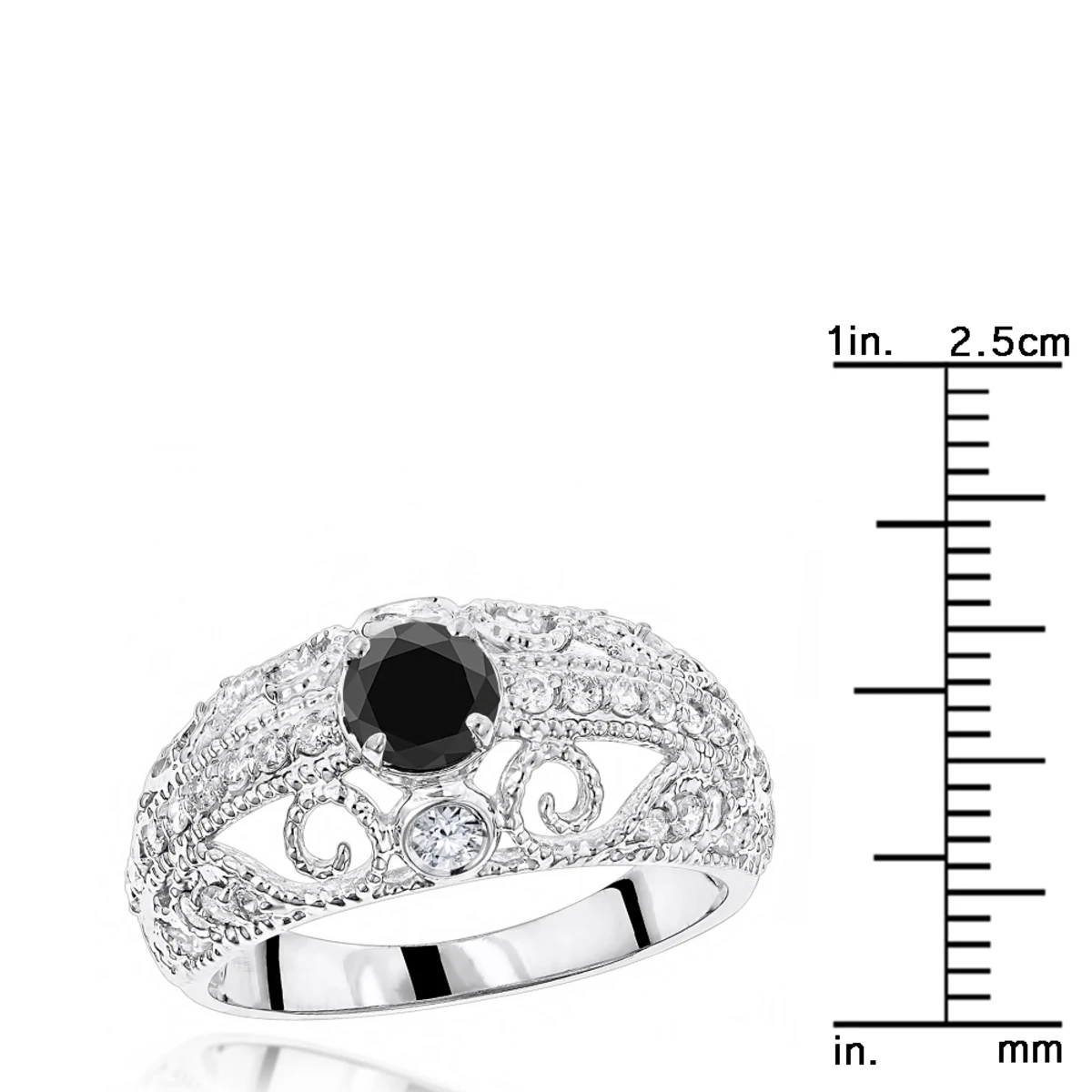 Antique White Black Diamond Engagement Ring With Filigree 1.2ct 14K White Gold 7 Antique White Black Diamond Engagement Ring With Filigree 1.2ct 14K White Gold - Image 5