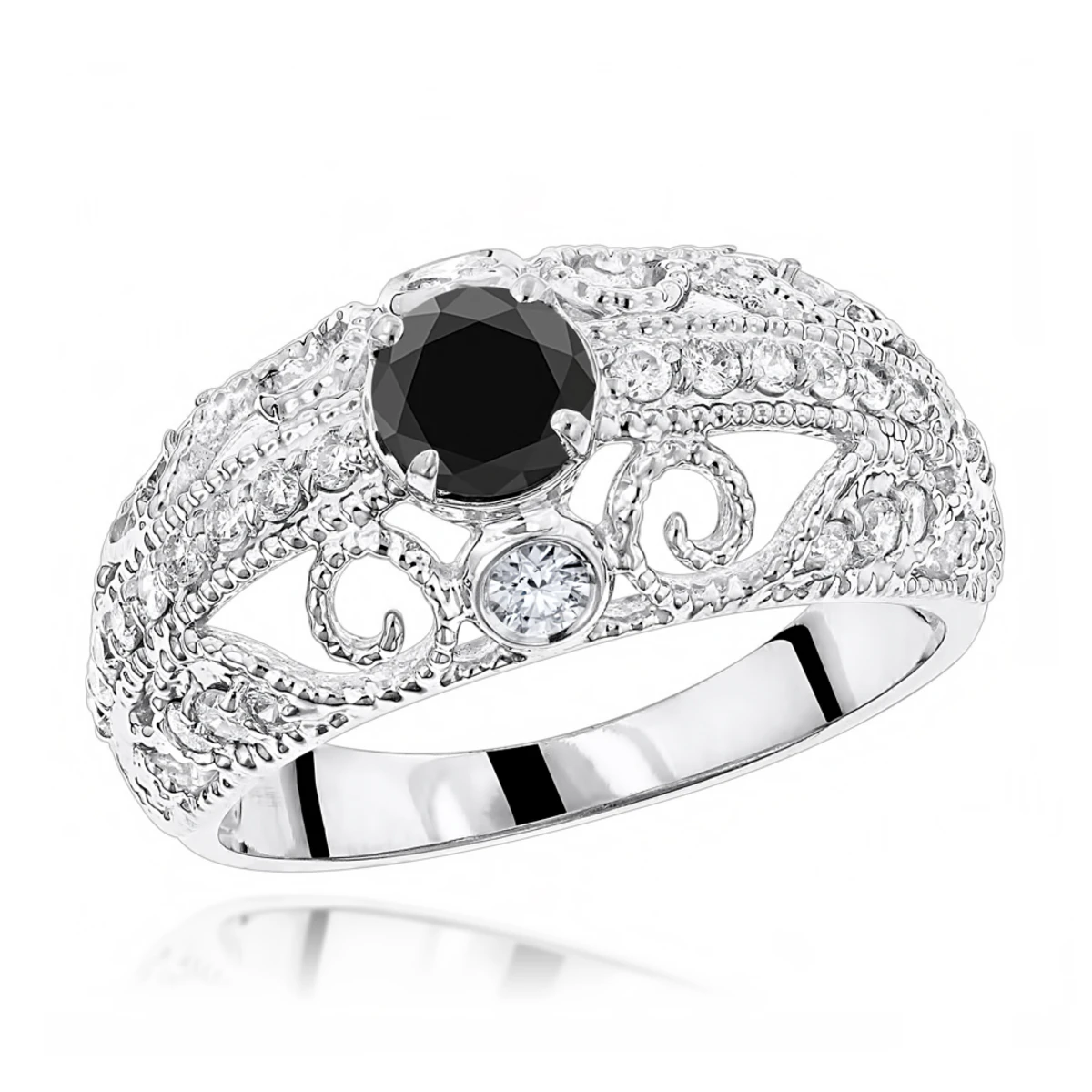 Antique White Black Diamond Engagement Ring With Filigree 1.2ct 14K White Gold 3 Antique White Black Diamond Engagement Ring With Filigree 1.2ct 14K White Gold