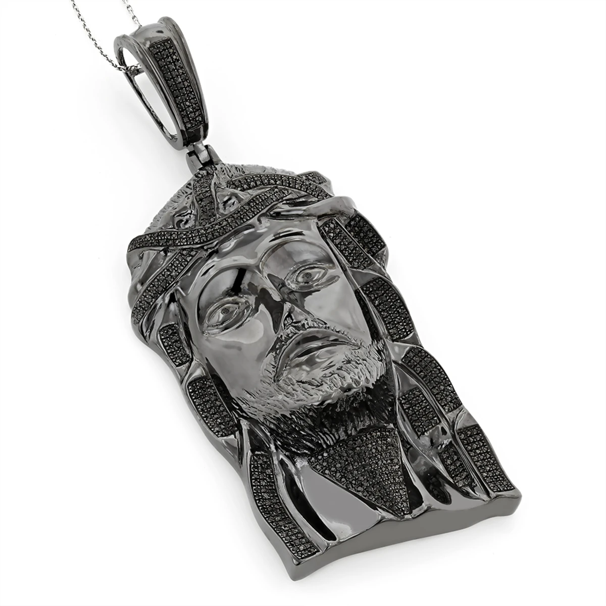 Black Diamond Jesus Face Pendant 0.85ct Sterling Silver 3 Black Diamond Jesus Face Pendant 0.85ct Sterling Silver