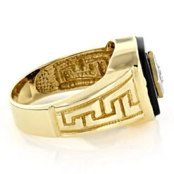 Men's 14K Yellow Gold Black Onyx And 0.10ct Diamond Designer Band -Its Hot Jewelry Shop black onyx and diamond rings 14k gold mens ring 010ct p 6394 backye