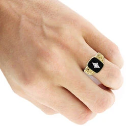 Men's 14K Yellow Gold Black Onyx And 0.10ct Diamond Designer Band -Its Hot Jewelry Shop black onyx and diamond rings 14k gold mens ring 010ct p 6394 bodye