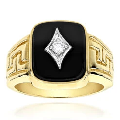 Men's 14K Yellow Gold Black Onyx And 0.10ct Diamond Designer Band