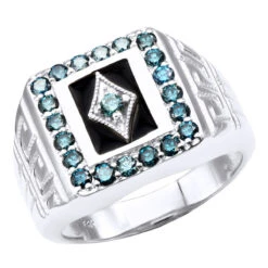 14K White Gold Unique Black Onyx & Blue Diamonds Statement Ring For Men 1.7 Carats