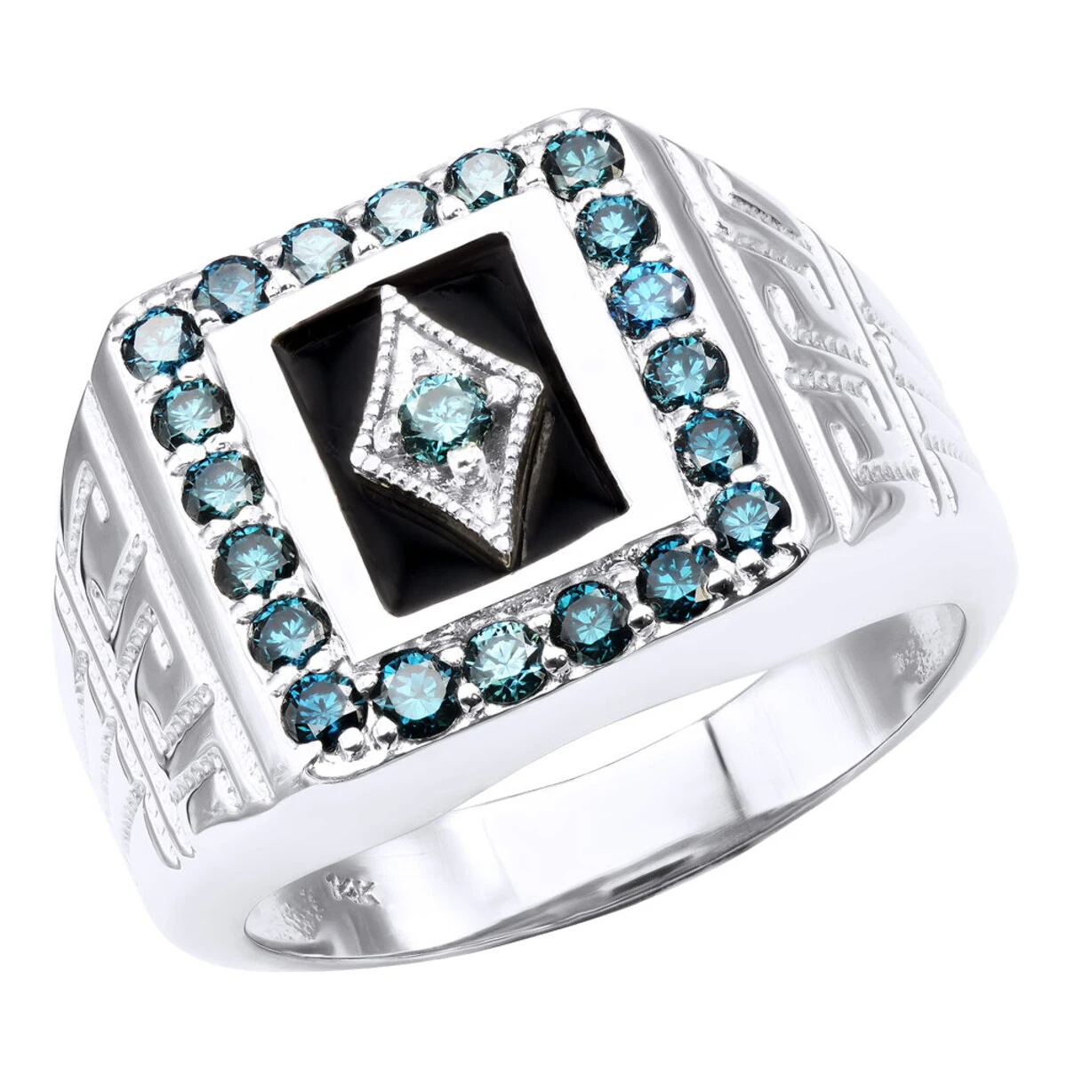 14K White Gold Unique Black Onyx & Blue Diamonds Statement Ring For Men 1.7 Carats 3 14K White Gold Unique Black Onyx & Blue Diamonds Statement Ring For Men 1.7 Carats