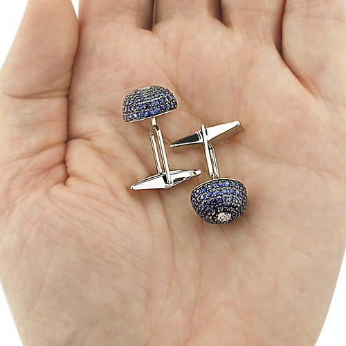 Blue Sapphire And Diamond Cufflinks For Men 14K White Gold 4 Blue Sapphire And Diamond Cufflinks For Men 14K White Gold - Image 2