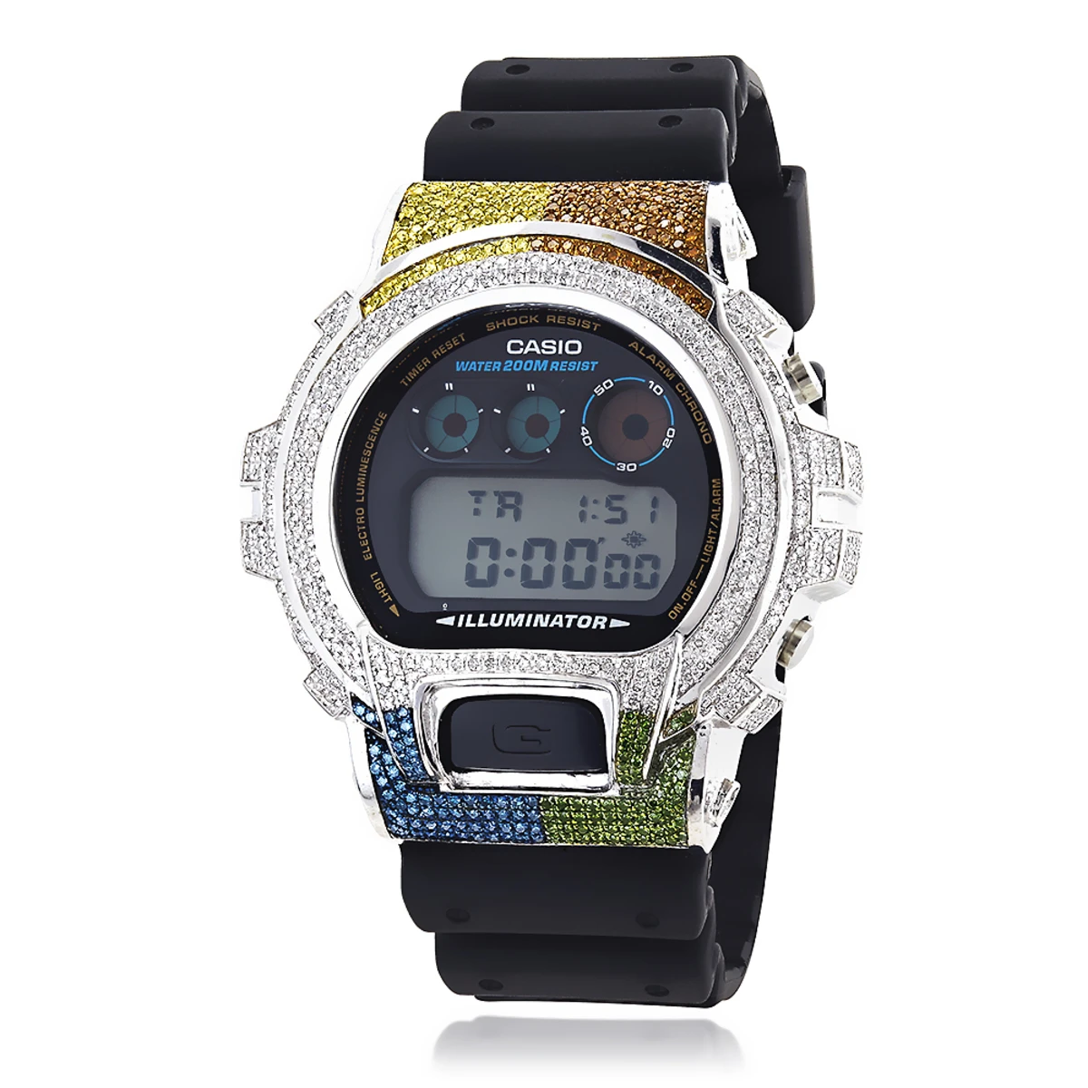 Casio 6900 G-SHOCK White Blue Green Brown Yellow Diamonds Bezel Watch 5ct 3 Casio 6900 G-SHOCK White Blue Green Brown Yellow Diamonds Bezel Watch 5ct
