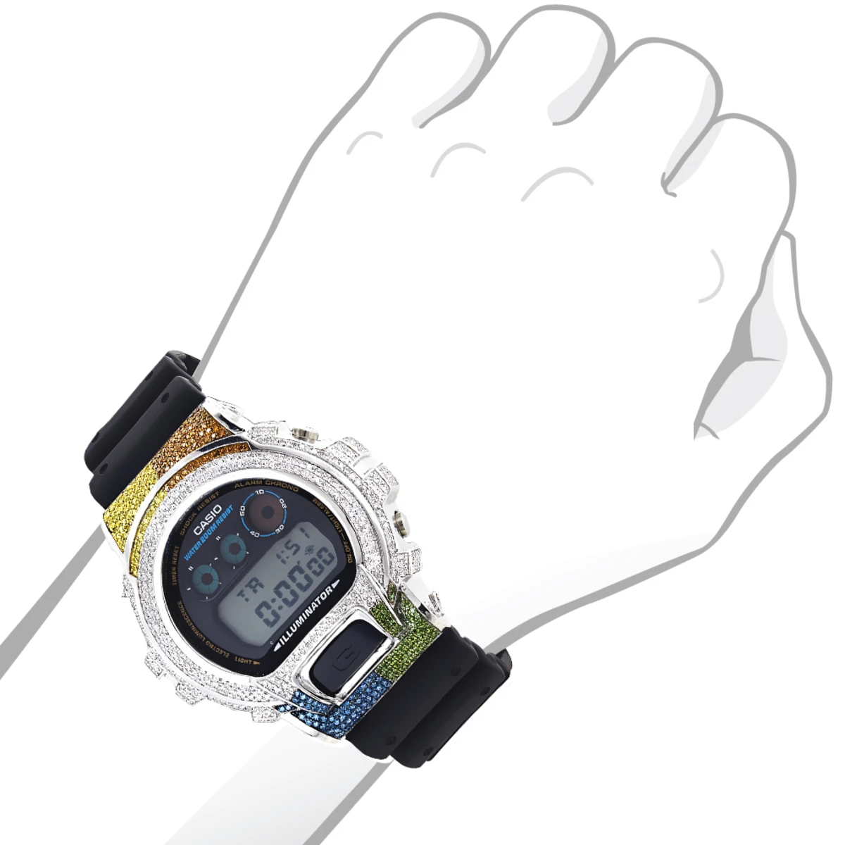 Casio 6900 G-SHOCK White Blue Green Brown Yellow Diamonds Bezel Watch 5ct 4 Casio 6900 G-SHOCK White Blue Green Brown Yellow Diamonds Bezel Watch 5ct - Image 2