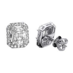 Cluster Diamond Stud Earrings For Men Women Emerald Shape 2 Carats 14K White Gold