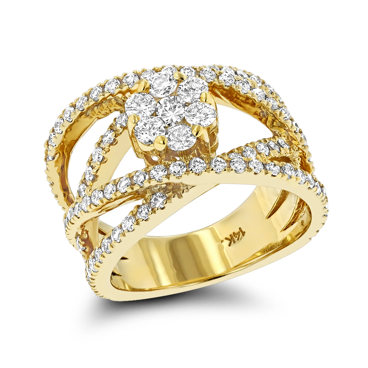 Criss Cross Flower 14K Yellow Gold Right Hand Diamond Women's Ring 1.33ct 3 Criss Cross Flower 14K Yellow Gold Right Hand Diamond Women's Ring 1.33ct