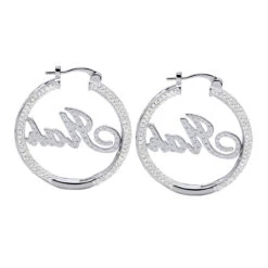 Custom Inside Out Diamond Hoop Earrings With Initials Nameplate 14K Yellow Gold -Its Hot Jewelry Shop custom inside out diamond hoop earrings with initials nameplate 14k gold 100657 back white