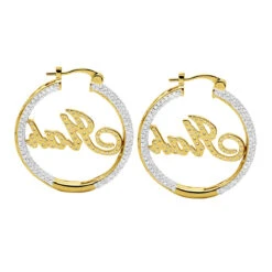 Custom Inside Out Diamond Hoop Earrings With Initials Nameplate 14K Yellow Gold -Its Hot Jewelry Shop custom inside out diamond hoop earrings with initials nameplate 14k gold 100657 back yellow