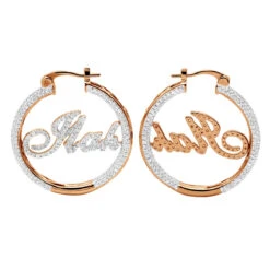 Custom Inside Out Diamond Hoop Earrings With Initials Nameplate 14K Yellow Gold -Its Hot Jewelry Shop custom inside out diamond hoop earrings with initials nameplate 14k gold 100657 box rose