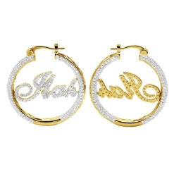 Custom Inside Out Diamond Hoop Earrings With Initials Nameplate 14K Yellow Gold -Its Hot Jewelry Shop custom inside out diamond hoop earrings with initials nameplate 14k gold 100657 box yellow