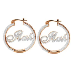 Custom Inside Out Diamond Hoop Earrings With Initials Nameplate 14K Yellow Gold -Its Hot Jewelry Shop custom inside out diamond hoop earrings with initials nameplate 14k gold 100657 rose