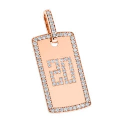 14K Rose Gold 2 Carat Diamond Dog Tag Pendant With Numbers