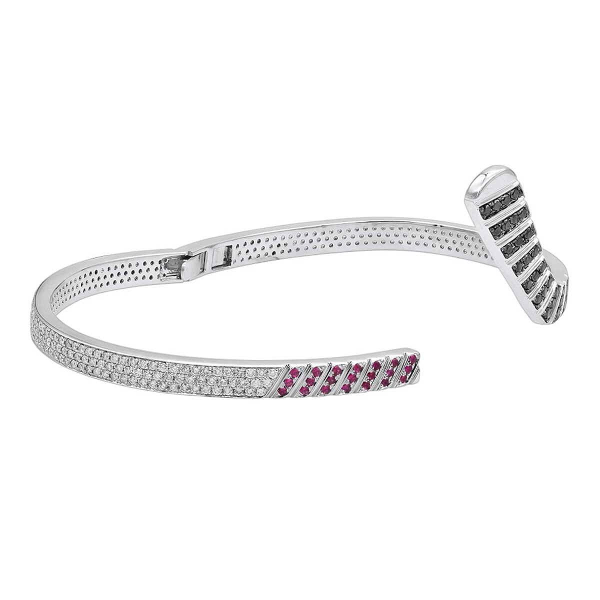 Custom Made 14K White Gold Hockey Stick Rubies White Black Diamond Bangle Bracelet 6 Custom Made 14K White Gold Hockey Stick Rubies White Black Diamond Bangle Bracelet - Image 4