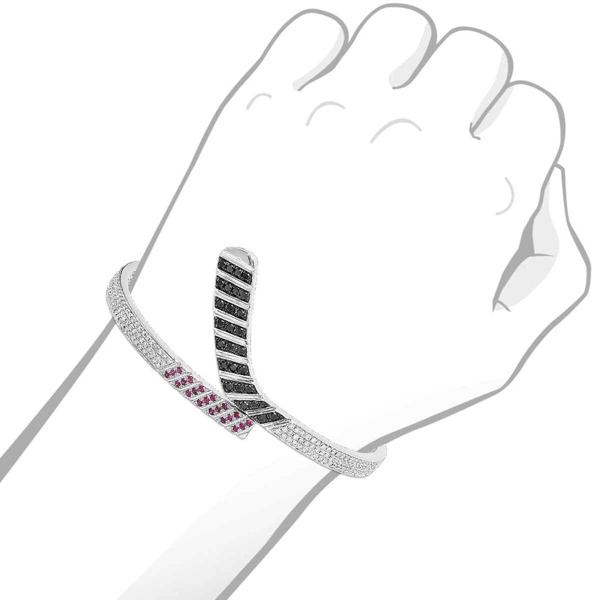 Custom Made 14K White Gold Hockey Stick Rubies White Black Diamond Bangle Bracelet 7 Custom Made 14K White Gold Hockey Stick Rubies White Black Diamond Bangle Bracelet - Image 5