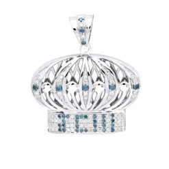 White & Blue Diamond Crown Pendant For Men 14K Yellow Gold -Its Hot Jewelry Shop custom made jewelry white blue diamond crown pendant for men in 14k gold wh