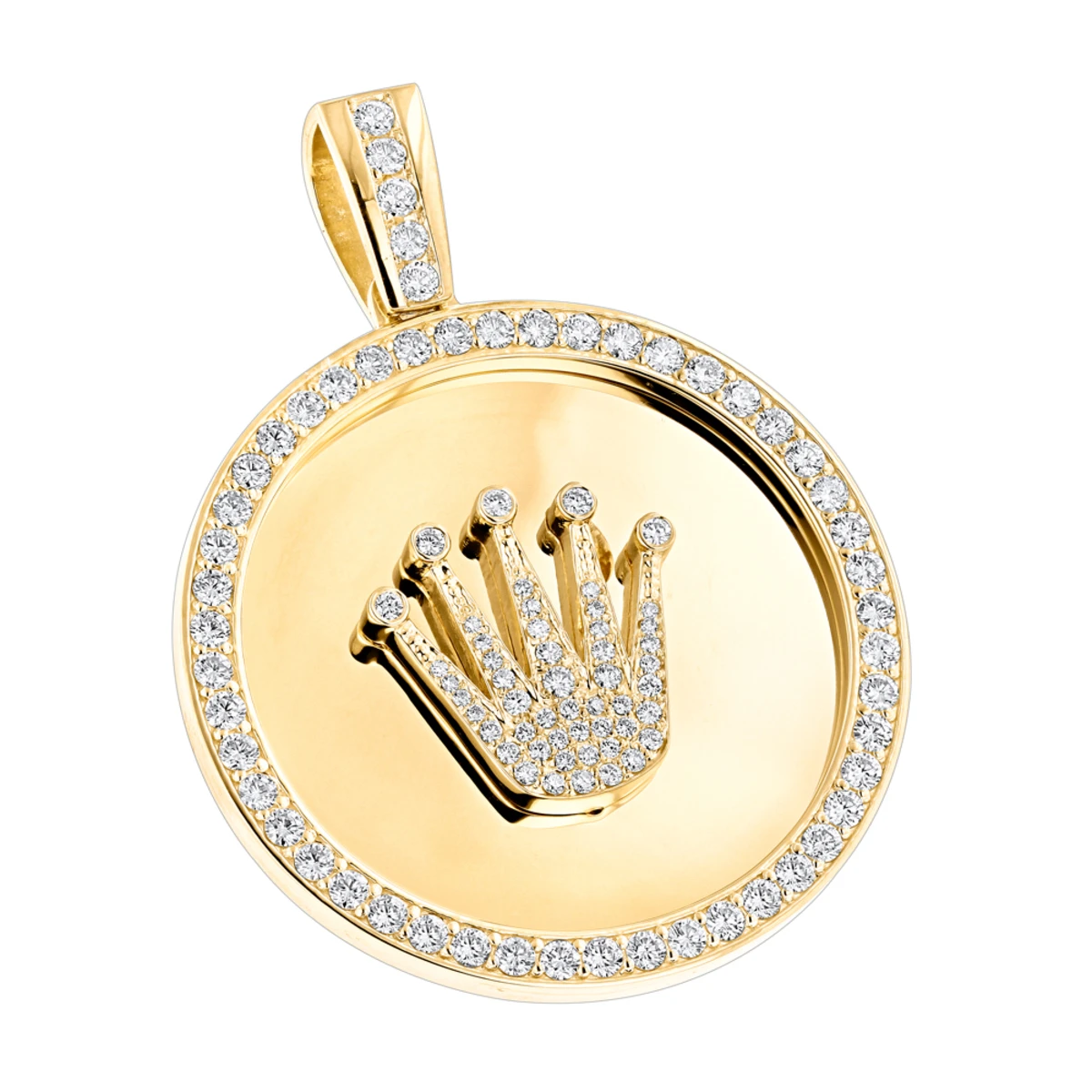18K Yellow Gold Crown Diamond Pendant Rolex Style Medallion 6ct 3 18K Yellow Gold Crown Diamond Pendant Rolex Style Medallion 6ct