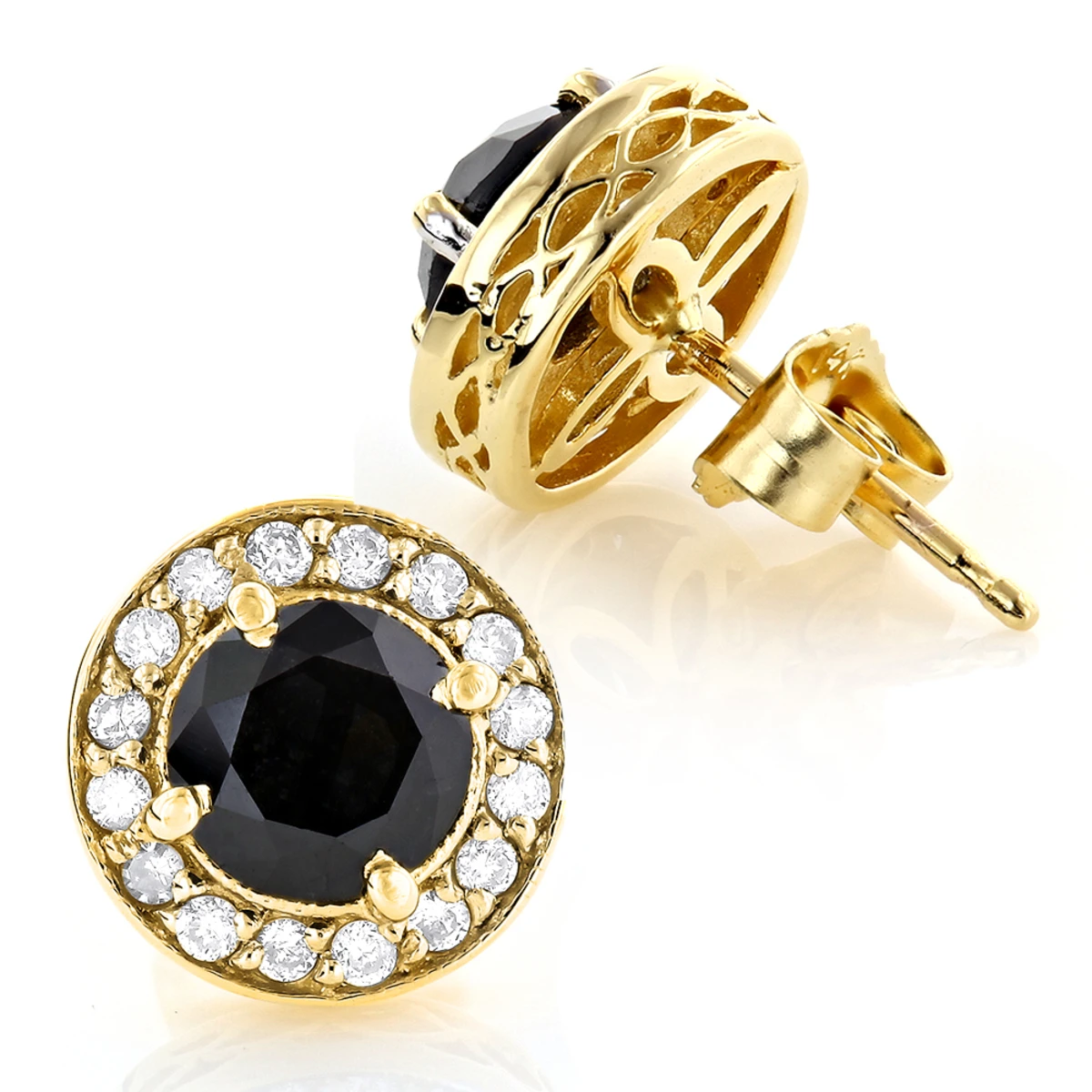 Designer 14K Yellow Gold White Black Diamond Stud Earrings 1.92ct 3 Designer 14K Yellow Gold White Black Diamond Stud Earrings 1.92ct