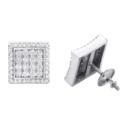 Square Diamond Stud Earrings For Men And Women 14K White Gold 1.2ct Pave Diamonds