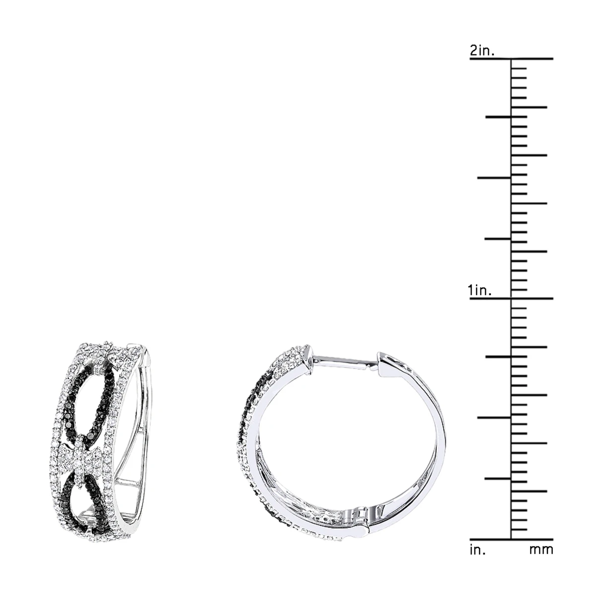Designer White Black Diamond Hoop Earrings 0.9 Ct 14K White Gold 5 Designer White Black Diamond Hoop Earrings 0.9 Ct 14K White Gold - Image 3