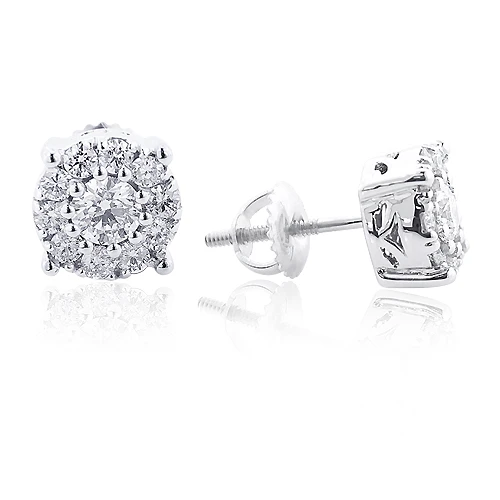 Diamond Cluster Stud Earrings 14K White Gold 1.38ct 3 Diamond Cluster Stud Earrings 14K White Gold 1.38ct
