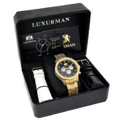 Fully Iced Out Men's Diamond Watch 3ct Yellow Gold Plt Luxurman Swiss Movement -Its Hot Jewelry Shop fully iced out mens diamond watch 3ct yellow gold plt luxurman swiss movement box