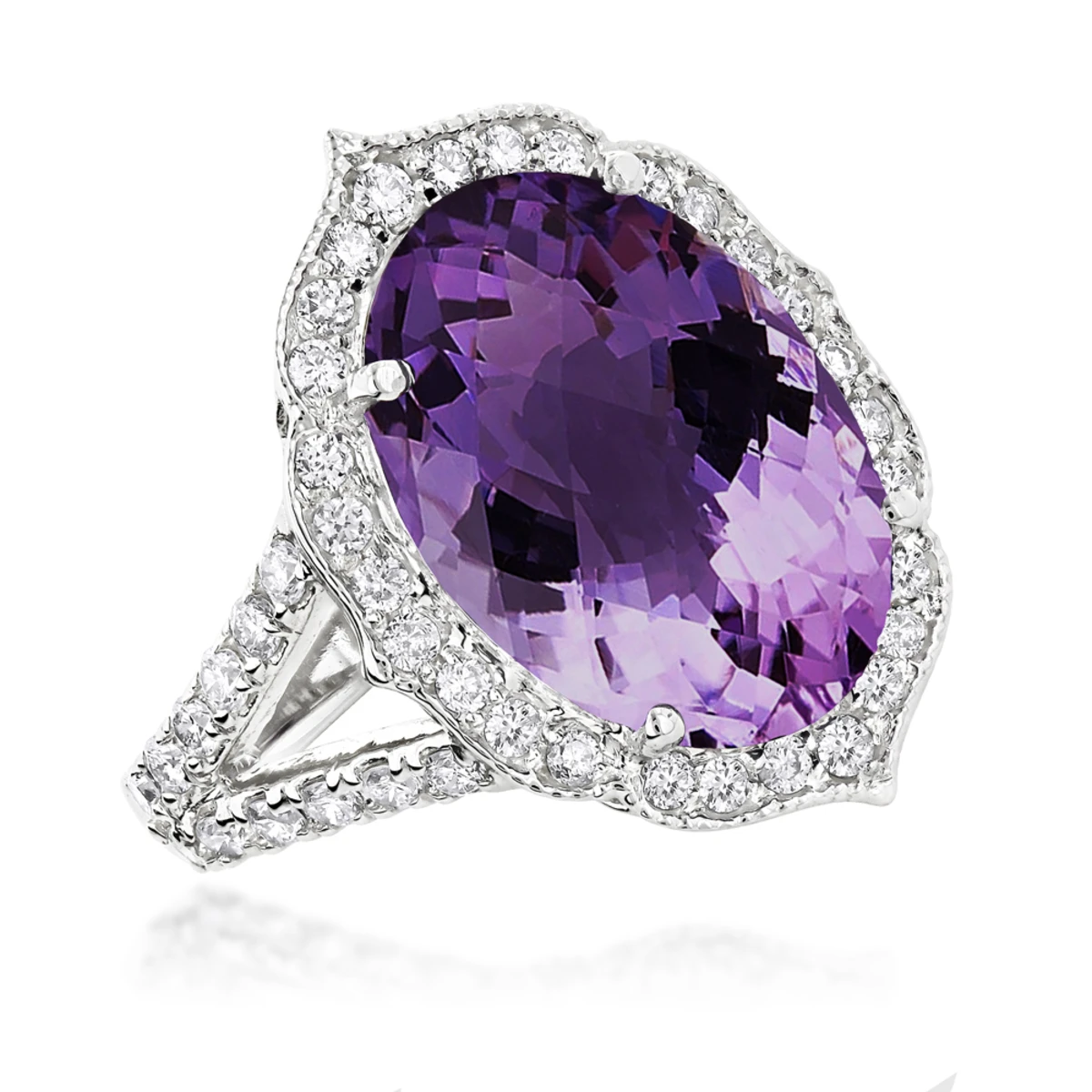 14K White Gold Diamond Purple Amethyst Cocktail Ring 0.9 Ct 3 14K White Gold Diamond Purple Amethyst Cocktail Ring 0.9 Ct