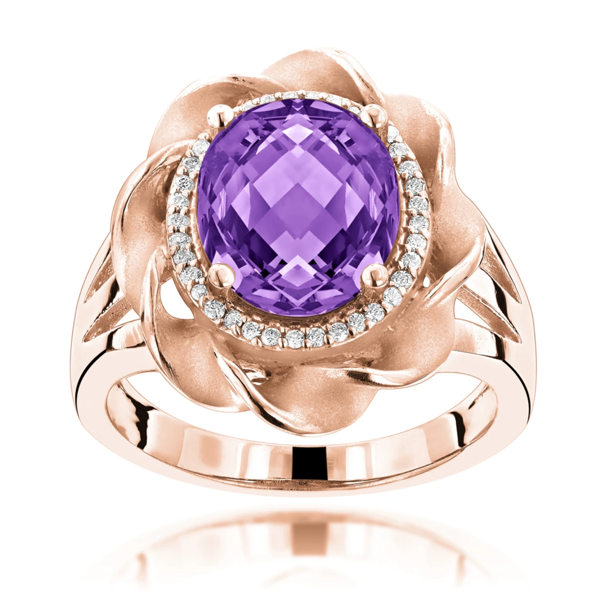 14K White Gold Amethyst Diamond Flower Ring 0.13ct 5 14K White Gold Amethyst Diamond Flower Ring 0.13ct - Image 3