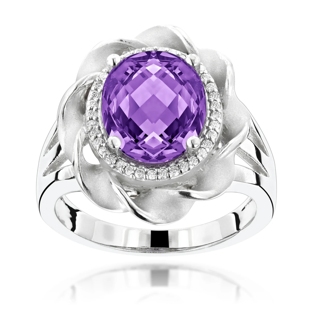 14K White Gold Amethyst Diamond Flower Ring 0.13ct 3 14K White Gold Amethyst Diamond Flower Ring 0.13ct