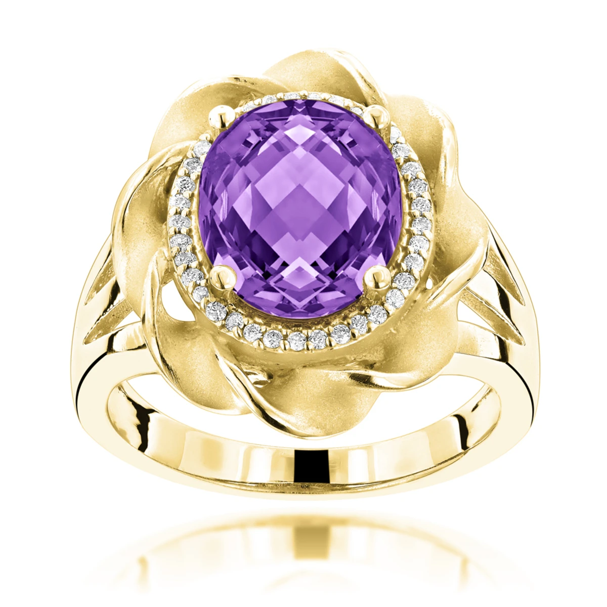 14K White Gold Amethyst Diamond Flower Ring 0.13ct 4 14K White Gold Amethyst Diamond Flower Ring 0.13ct - Image 2