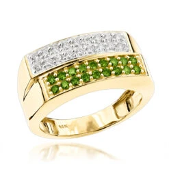 Unique 14K Yellow Gold White Green Diamond Ring For Men 1.1ct